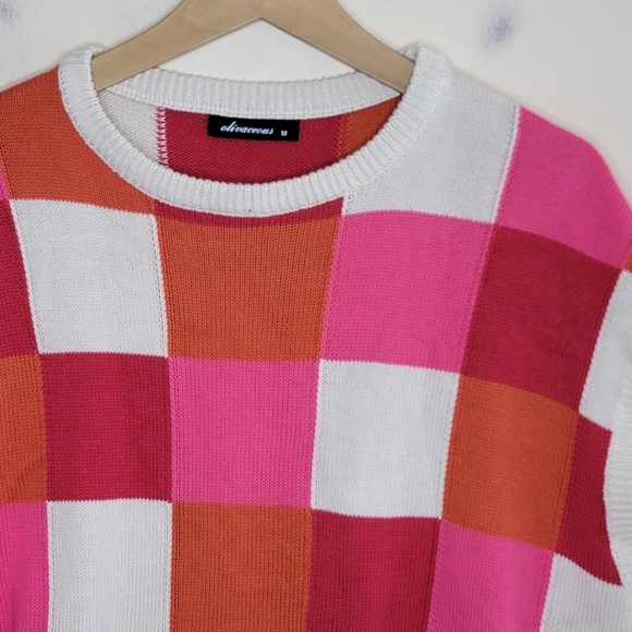 Olivaceous | Red Pink Orange Ivory Colorblock Square Sweater Vest Size Medium - Picture 2 of 4